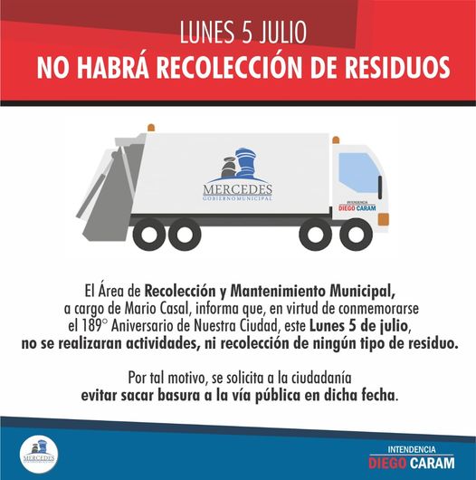 EL DÍA LUNES 5 JULIO NO HABRA RECOLECCIÓN DE RESIDUOS