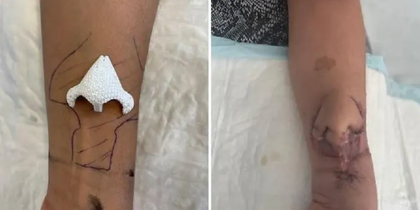 Lograron desarrollar una nariz artificial en el brazo de una mujer para ser trasplantada en su cara