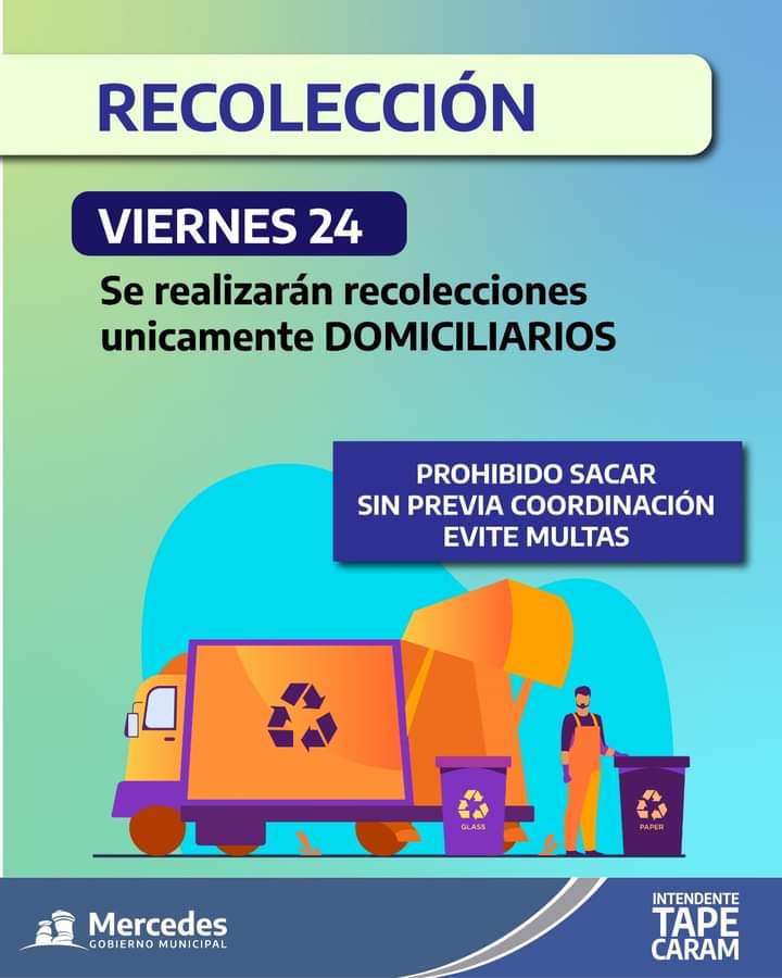 Feriado del viernes 24: Recolección únicamente de residuos domiciliarios