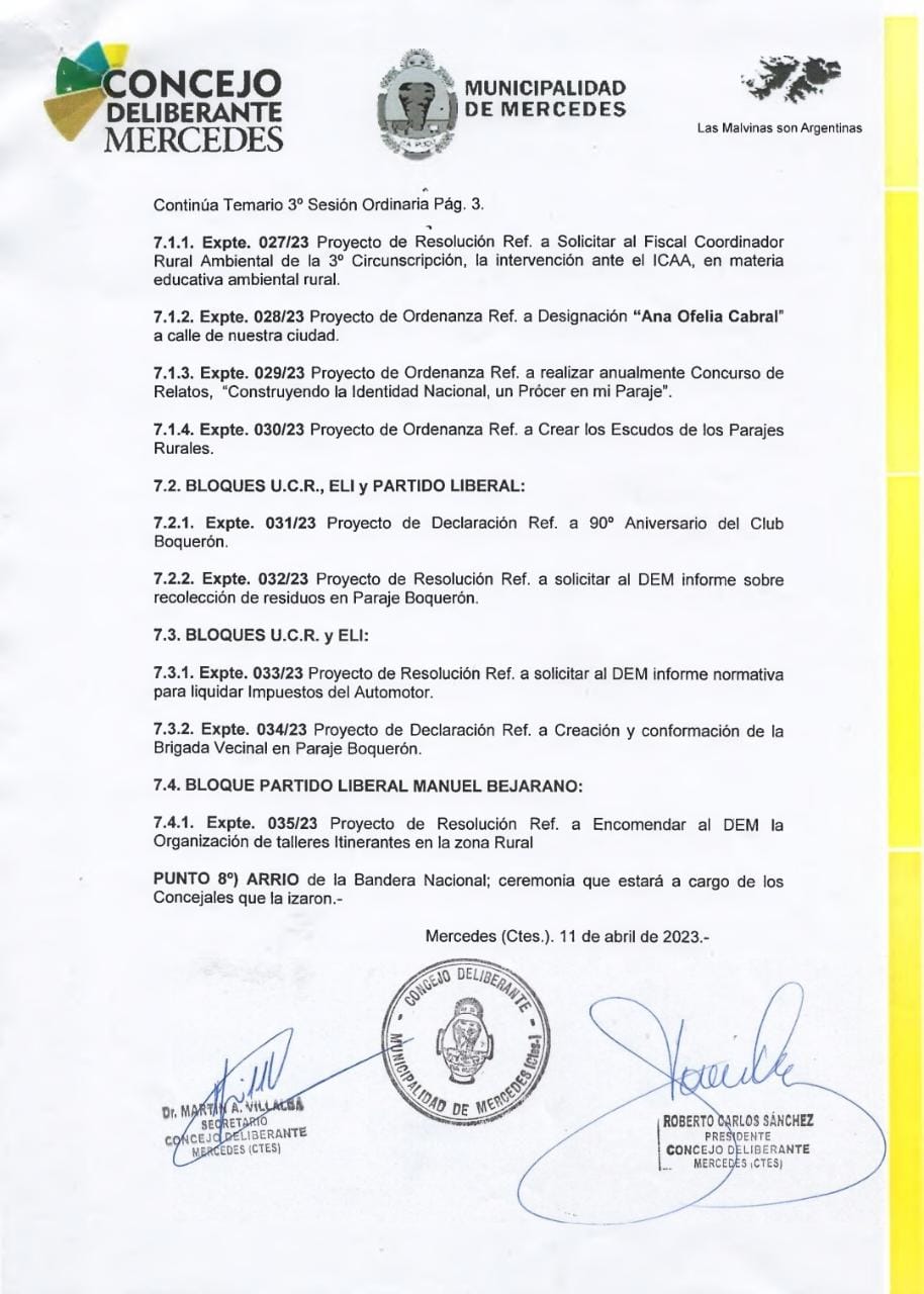 Temario correspondiente a la Tercera Sesión Ordinaria